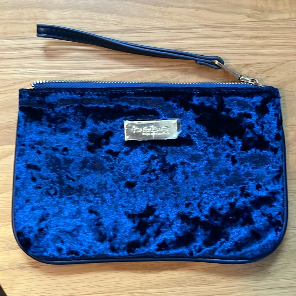 bebe Annie Gray Crushed Velvet Wristlet Blue NWOT